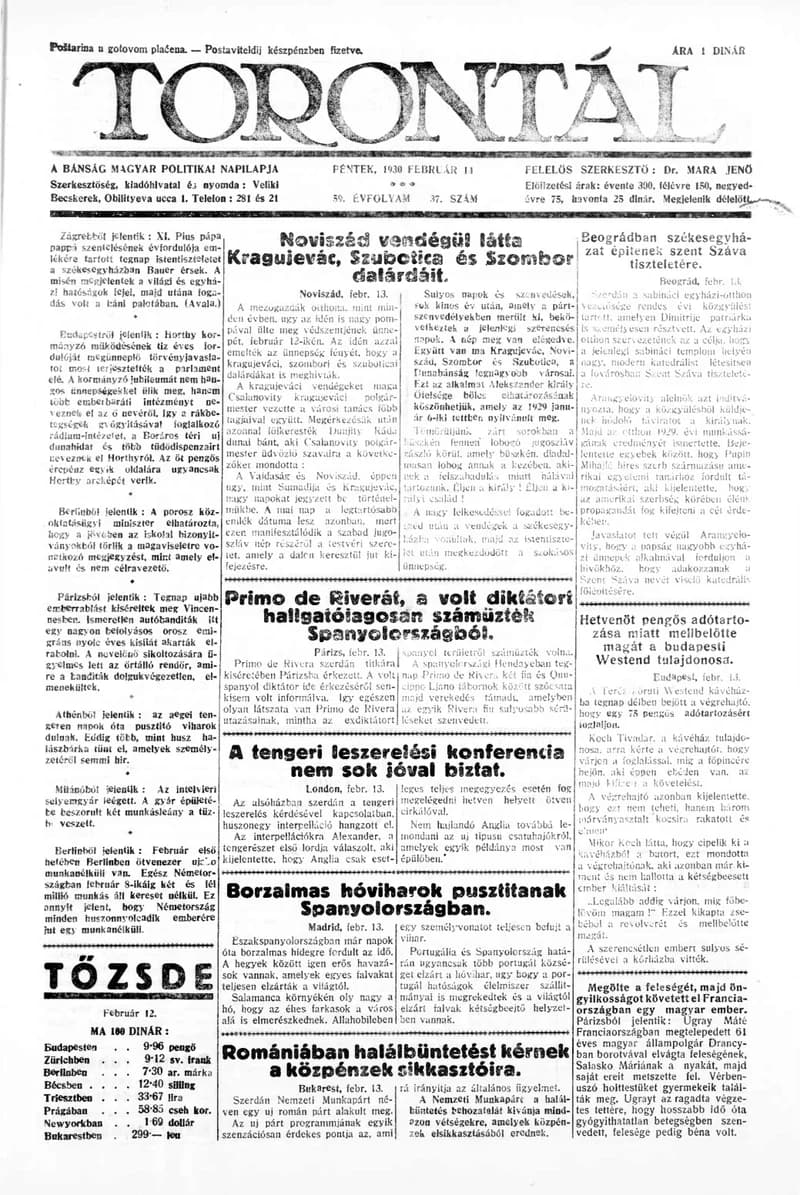 Torontál, 59. évf. 1930. február 14. 37. sz.