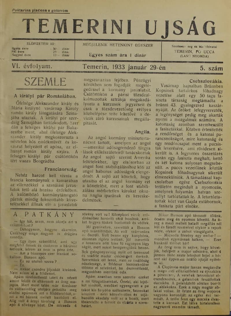 Temerini Újság 1928-1944, 6. évf. 1933. január 29. 5. sz.
