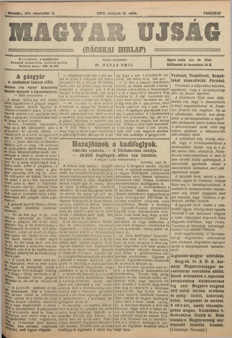 Bácskai Hirlap, 23. évf. 1919. szeptember 21. 83. sz.