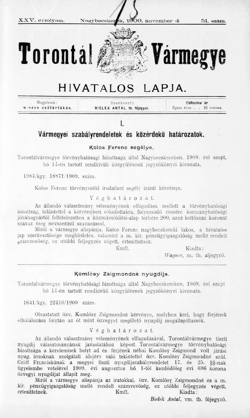 Torontál Vármegye Hivatalos Lapja, 25. évf. 1909. november 4. 51. sz.