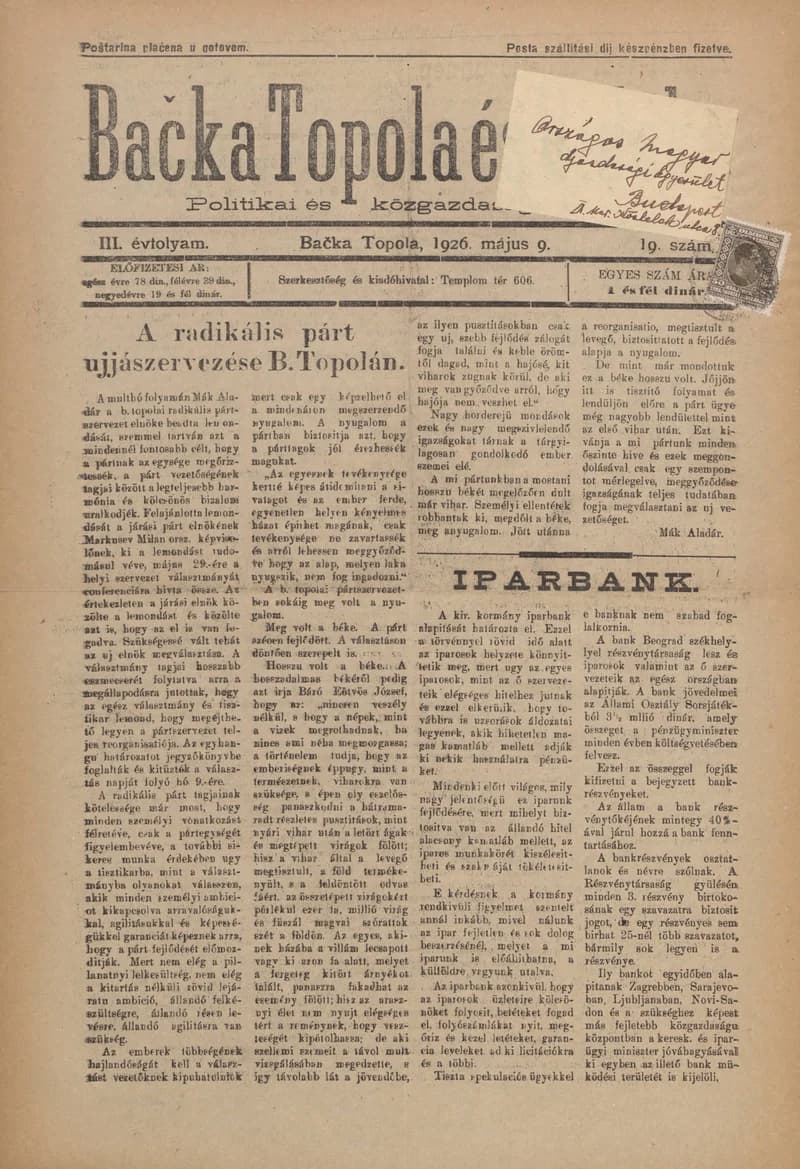 Bačka Topola és Vidéke, 3. évf. 1926. május 9. 19. sz.