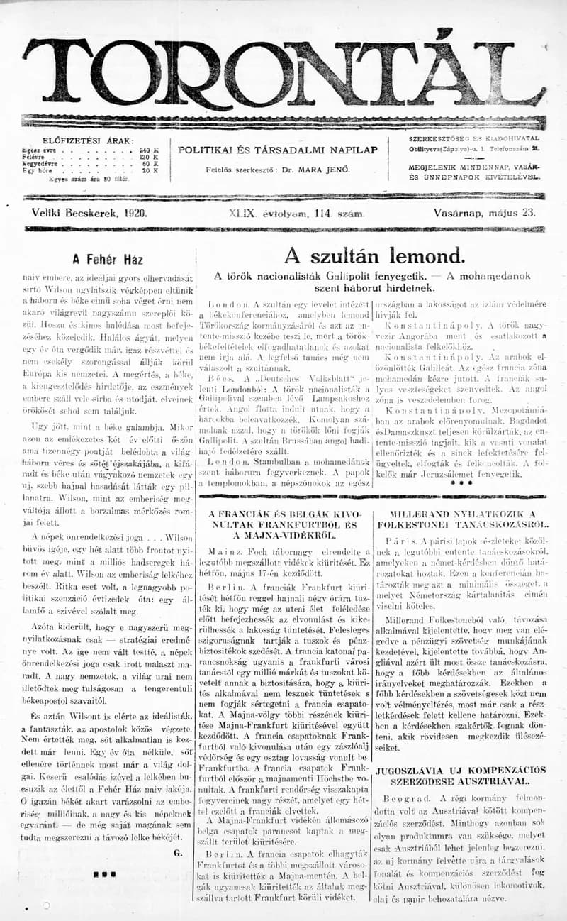 Torontál, 49. évf. 1920. május 23. 114. sz.
