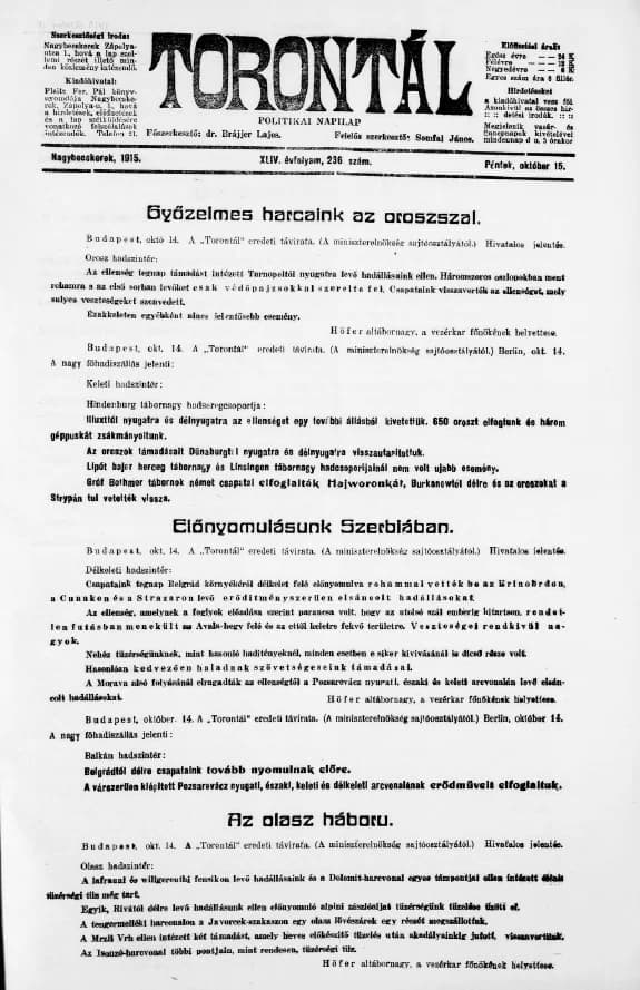 Torontál, 44. évf. 1915. október 15. 236. sz.