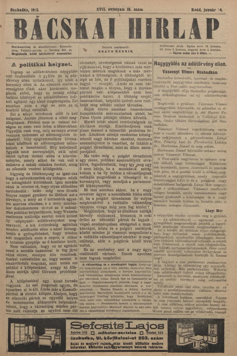 Bácskai Hirlap, 17. évf. 1913. január 14. 10. sz.