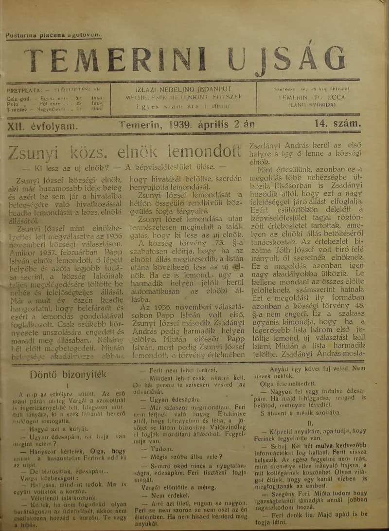 Temerini Újság 1928-1944, 12. évf. 1939. április 2. 14. sz.