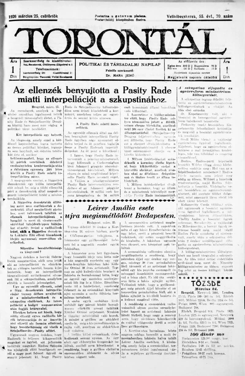 Torontál, 55. évf. 1926. március 25. 70. sz.