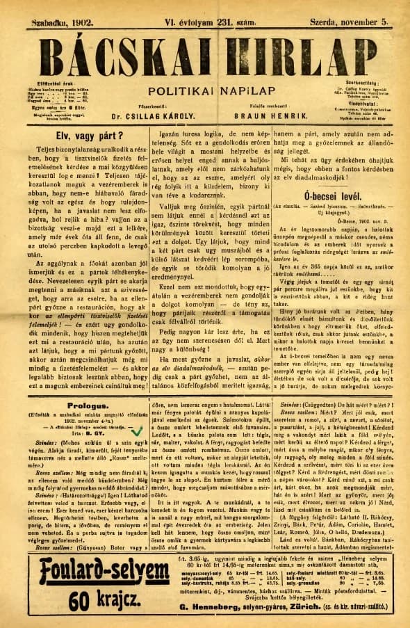 Bácskai Hirlap, 6. évf. 1902. november 5. 231. sz.