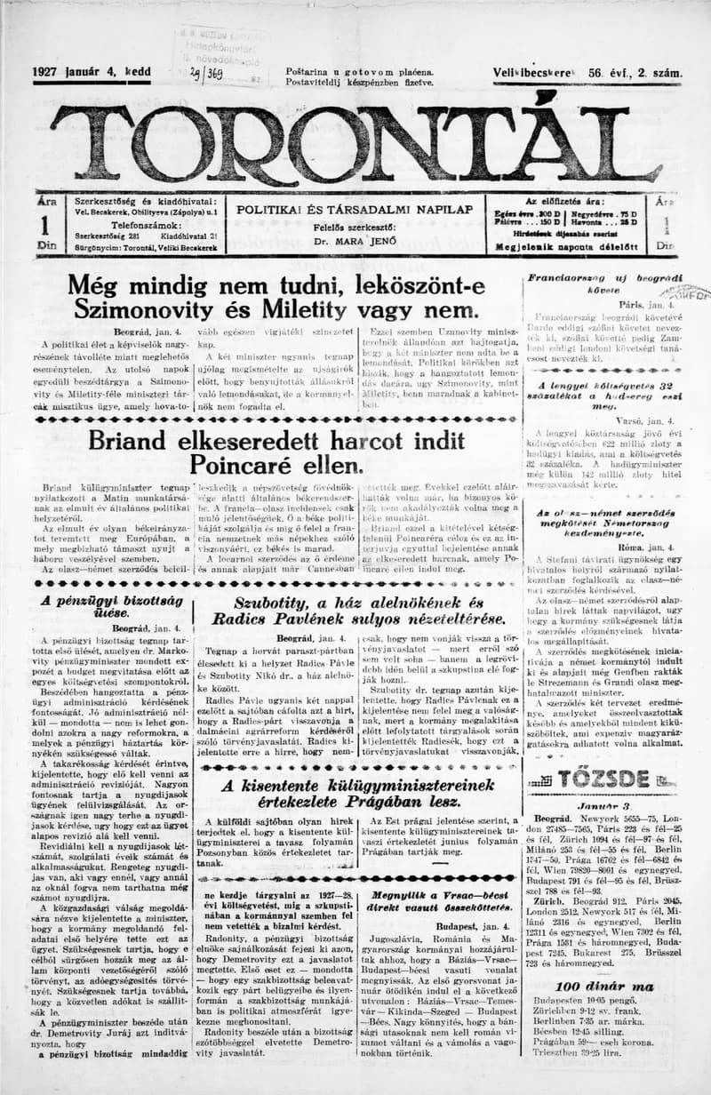 Torontál, 56. évf. 1927. január 4. 2. sz.