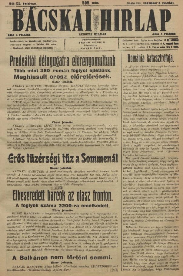 Bácskai Hirlap, 20. évf. 1916. november 4. 505. sz.