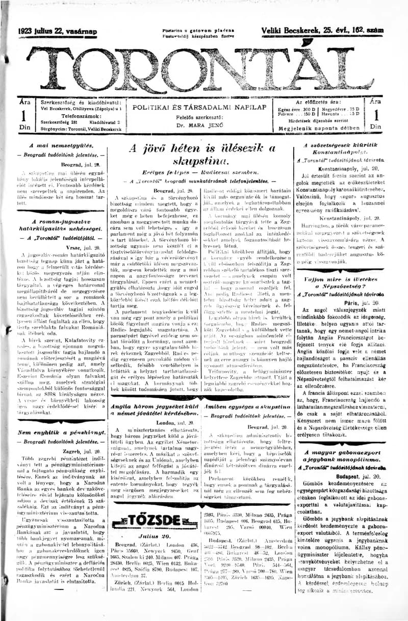 Torontál, 52. évf. 1923. július 22. 162. sz.