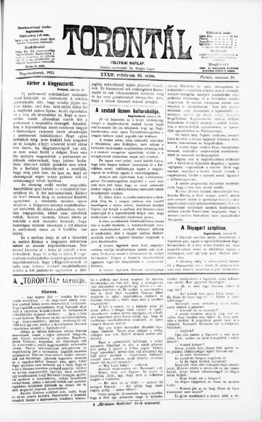 Torontál, 32. évf. 1903. március 20. 65. sz.