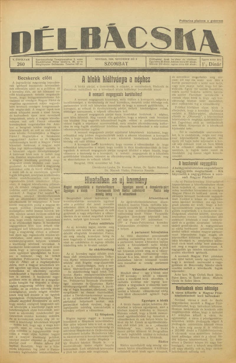 Délbácska, 5. évf. 1924. november 8. 260. sz.