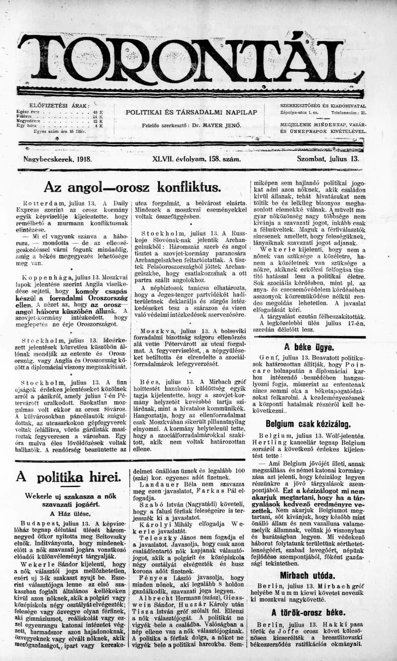 Torontál, 47. évf. 1918. július 13. 158. sz.