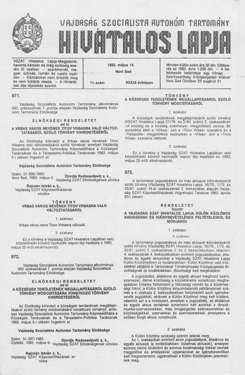Vajdaság Szocialista Autonóm Tartomány Hivatalos Lapja, 39. évf. 1983. május 14. 11. sz.