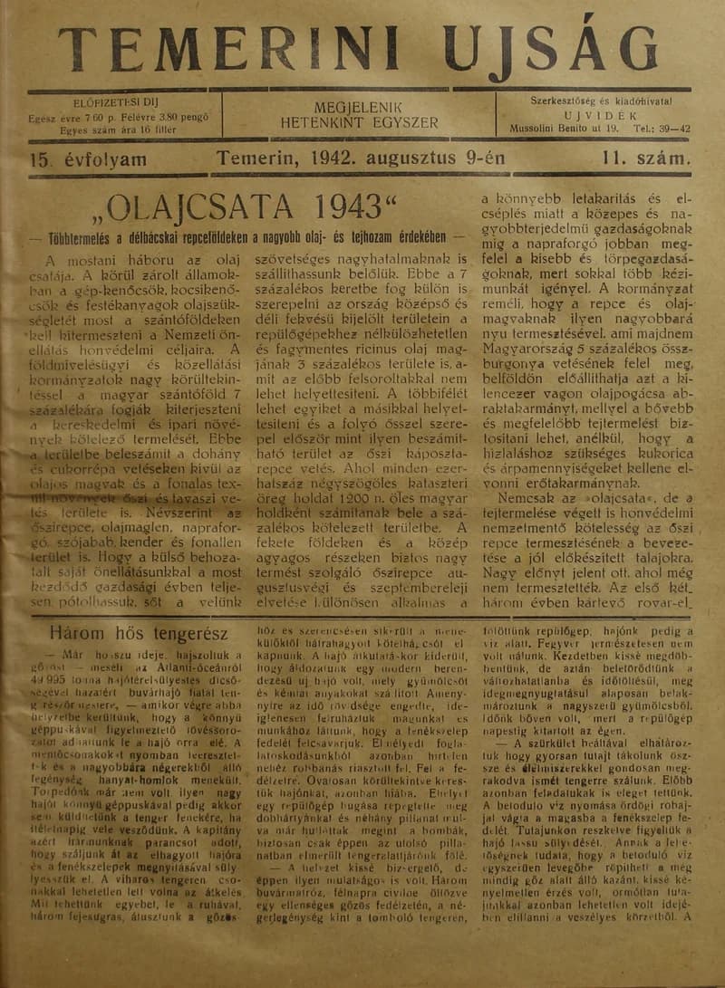 Temerini Újság 1928-1944, 15. évf. 1942. augusztus 9. 11. sz.