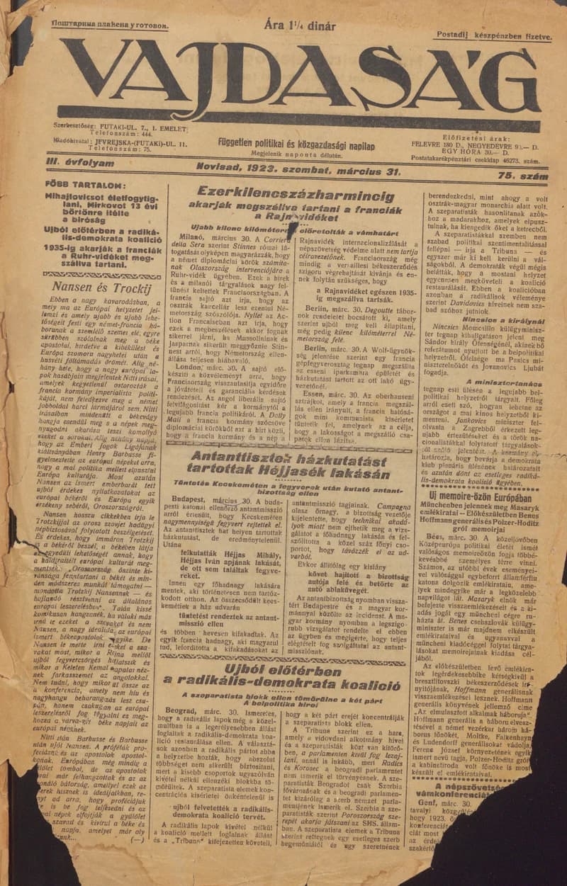 Vajdaság, 3. évf. 1923. március 31. 75. sz.