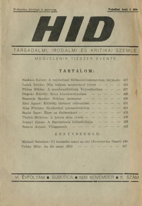 Híd, 6. évf. 1939. november. 11. sz. 417–448. oldal