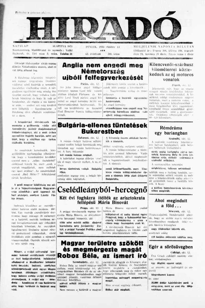 Híradó, 62. évf. 1933. október 13. 241. sz.