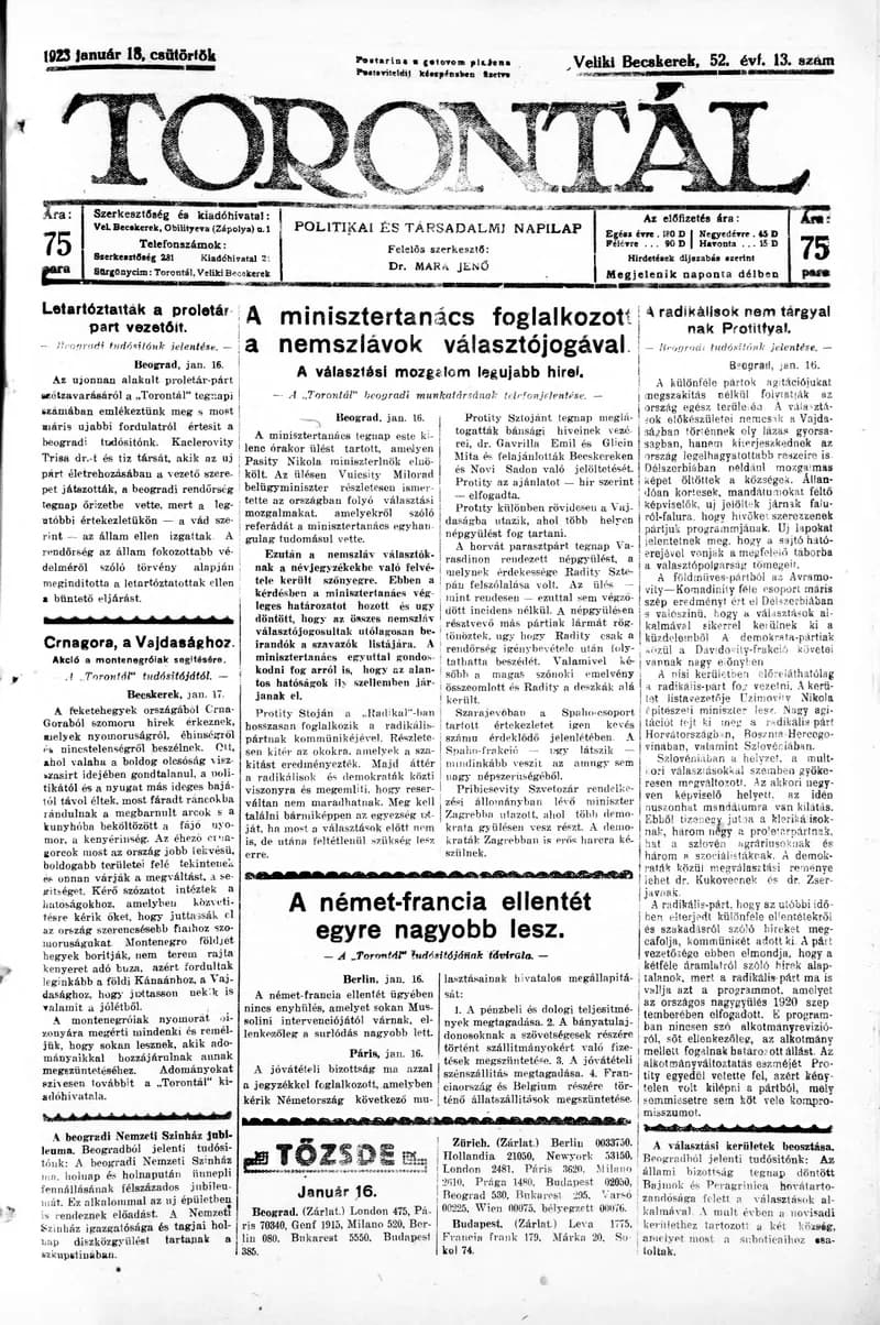 Torontál, 52. évf. 1923. január 18. 13. sz.