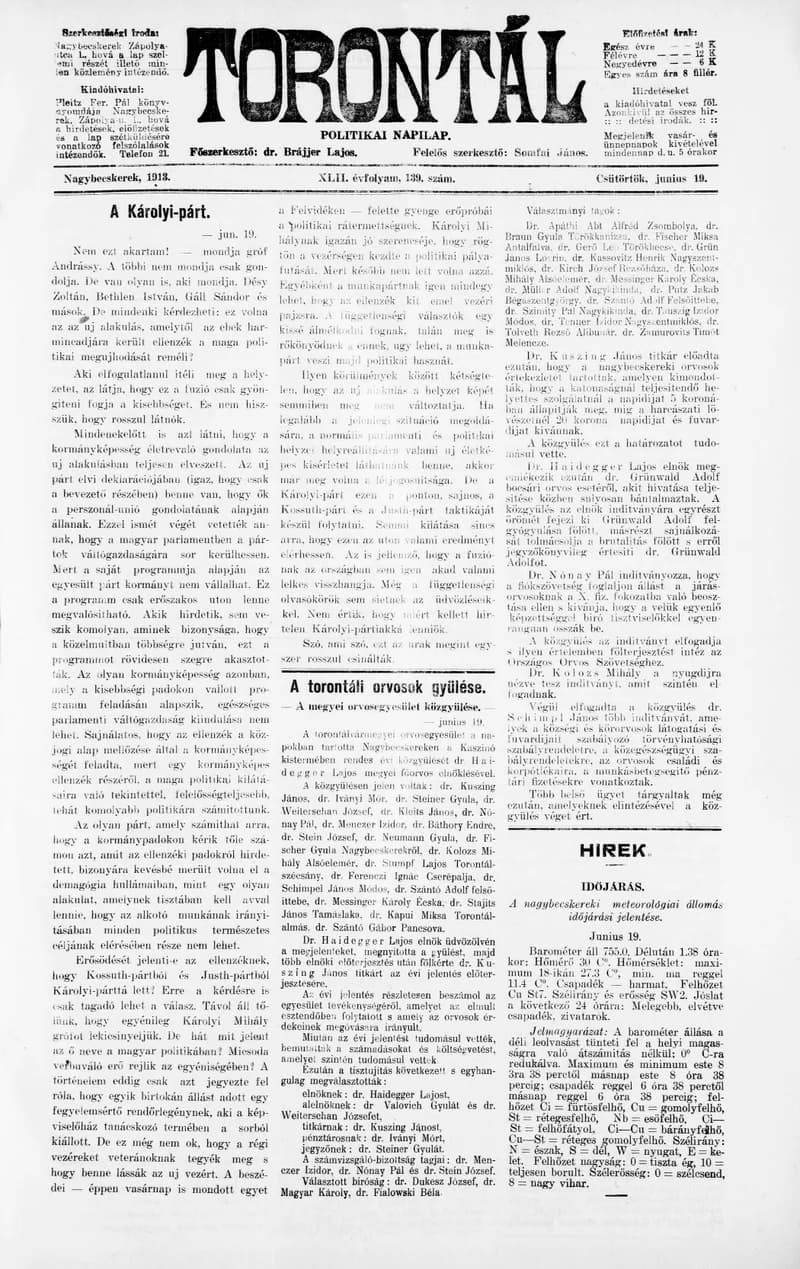 Torontál, 42. évf. 1913. június 19. 139. sz.