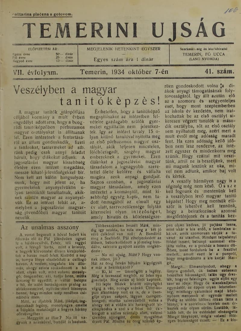 Temerini Újság 1928-1944, 7. évf. 1934. október 7. 41. sz.