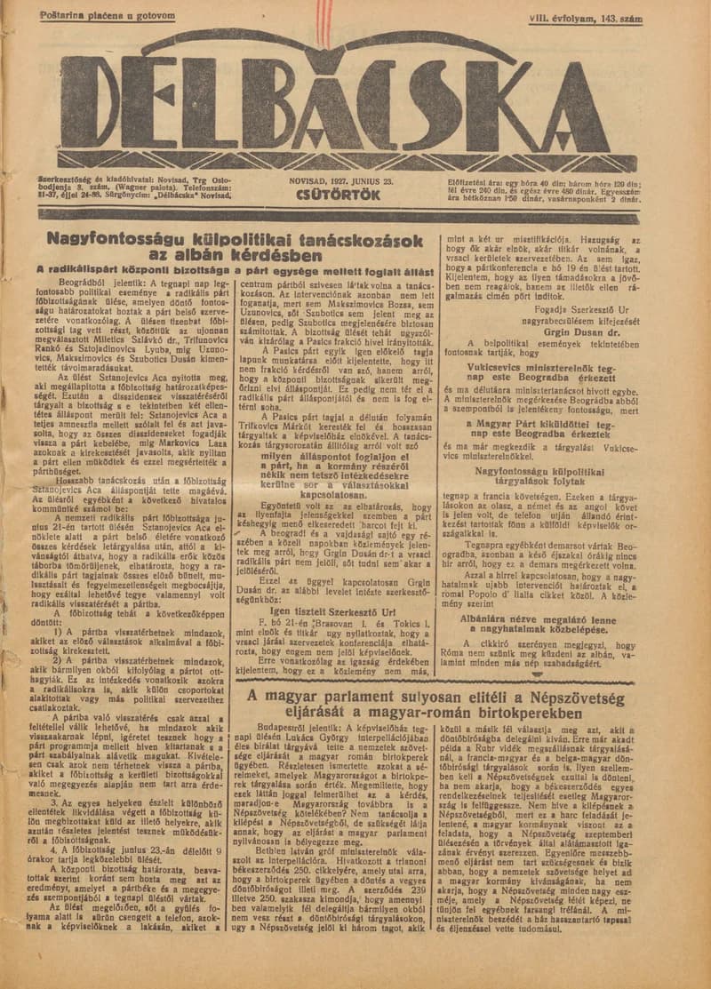 Délbácska, 8. évf. 1927. június 23. 143. sz.