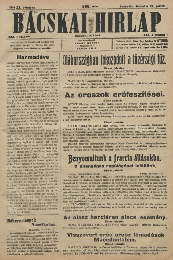Bácskai Hirlap, 20. évf. 1916. december 22. 586. sz.