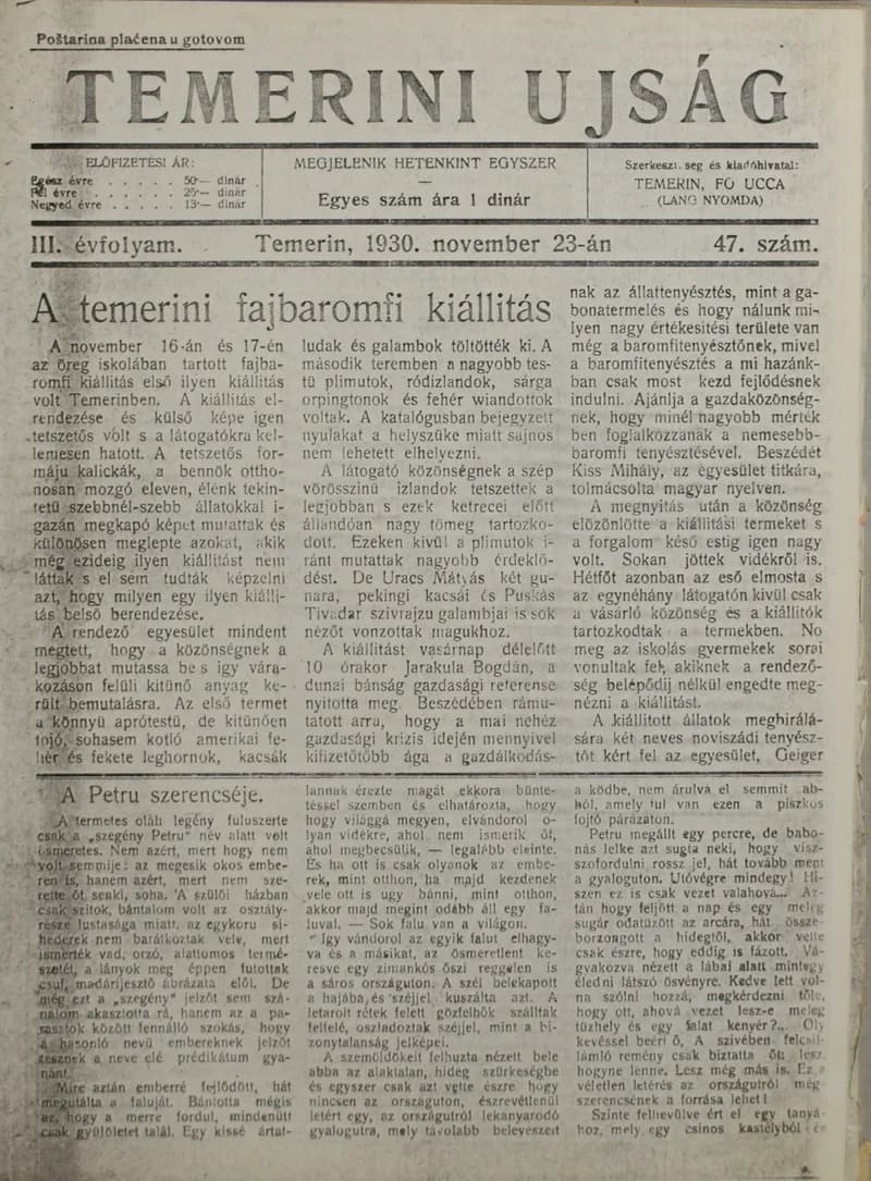 Temerini Újság 1928-1944, 3. évf. 1930. november 23. 47. sz.