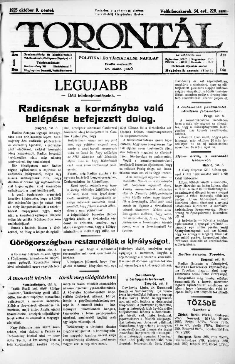 Torontál, 54. évf. 1925. október 9. 229. sz.