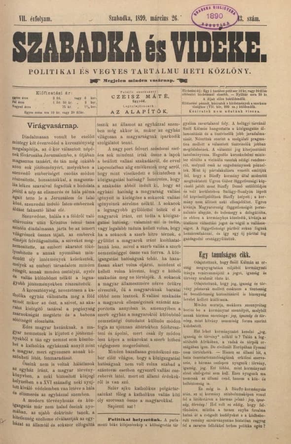 Szabadka és vidéke II, 7. évf. 1899. március 26. 13. sz.