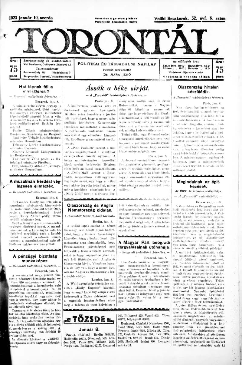 Torontál, 52. évf. 1923. január 10. 6. sz.