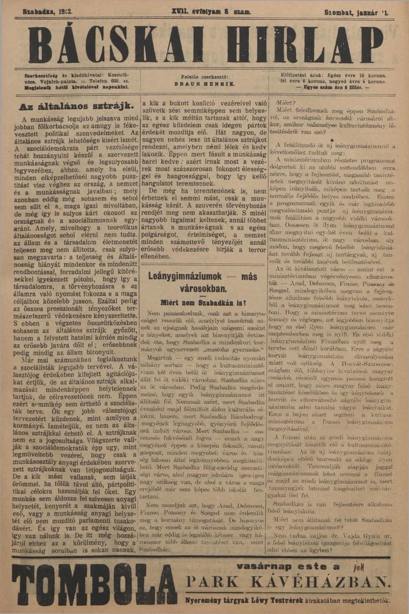 Bácskai Hirlap, 17. évf. 1913. január 11. 8. sz.