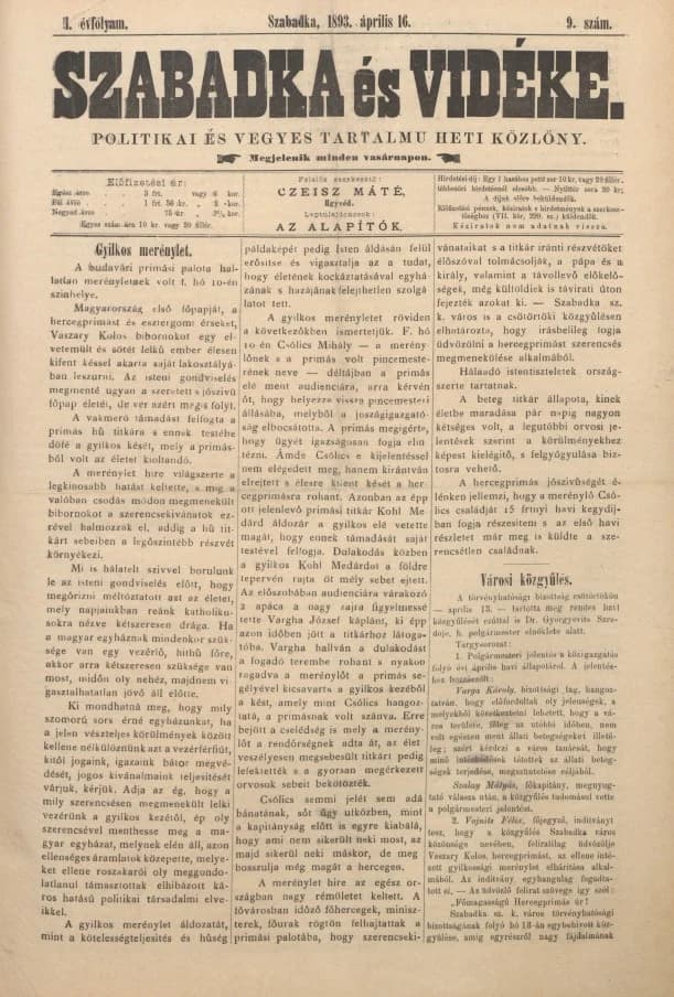 Szabadka és vidéke II, 1. évf. 1893. április 16. 9. sz.