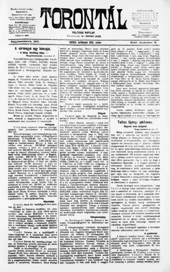 Torontál, 39. évf. 1910. november 15. 260. sz.