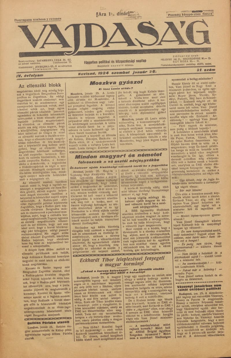 Vajdaság, 4. évf. 1924. január 26. 21. sz.