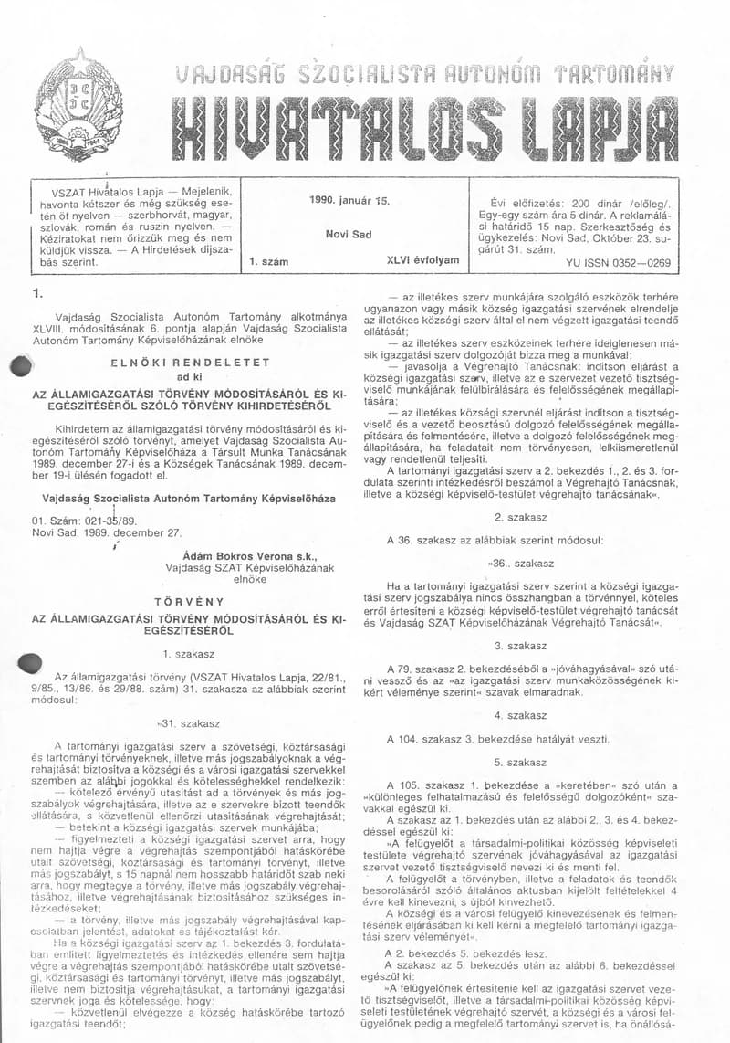 Vajdaság Szocialista Autonóm Tartomány Hivatalos Lapja, 46. évf. 1990. január 15. 1. sz.