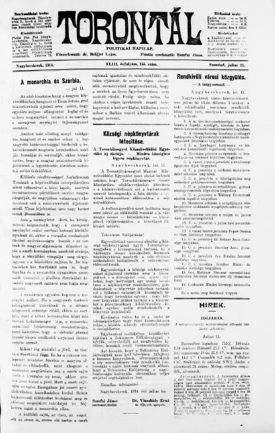 Torontál, 43. évf. 1914. július 11. 155. sz.