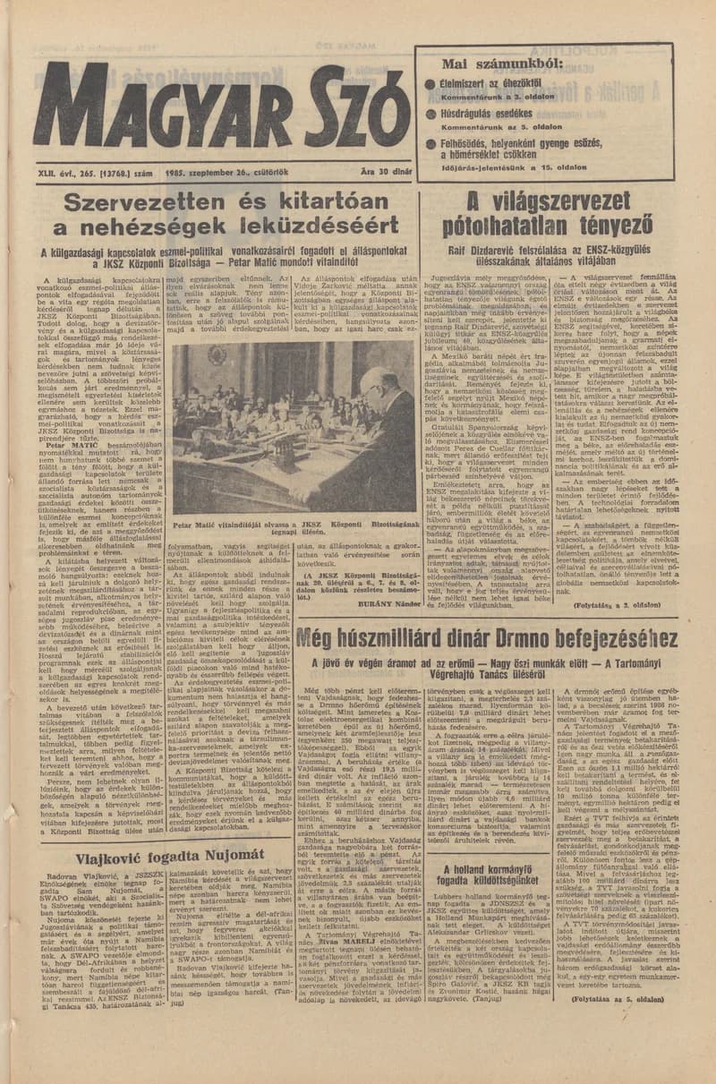 Magyar Szó, 42. évf. 1985. szeptember 26. 265. sz. 1–20. oldal