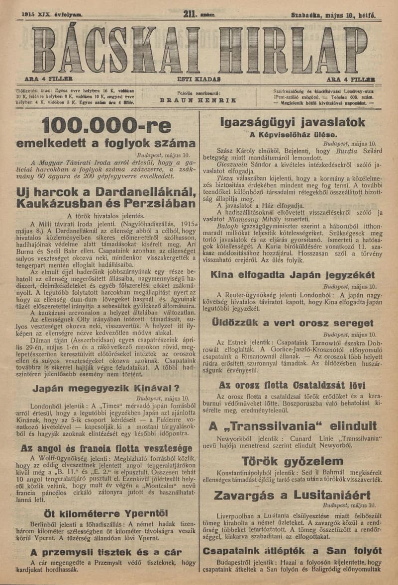 Bácskai Hirlap, 19. évf. 1915. május 10. 211. sz.