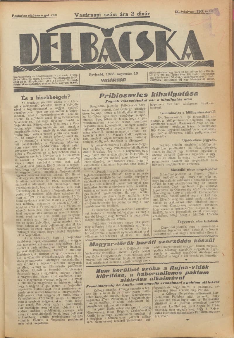 Délbácska, 9. évf. 1928. augusztus 19. 193. sz.
