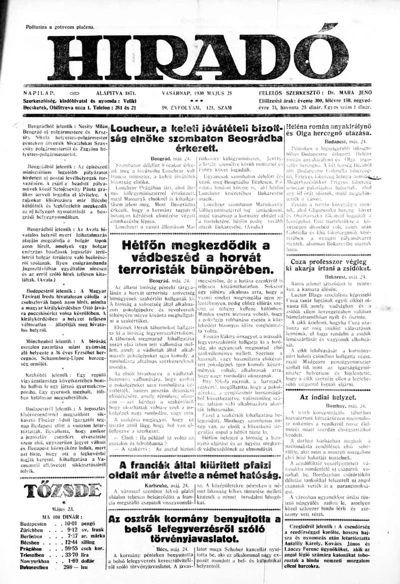 Híradó, 59. évf. 1930. május 25. 121. sz.