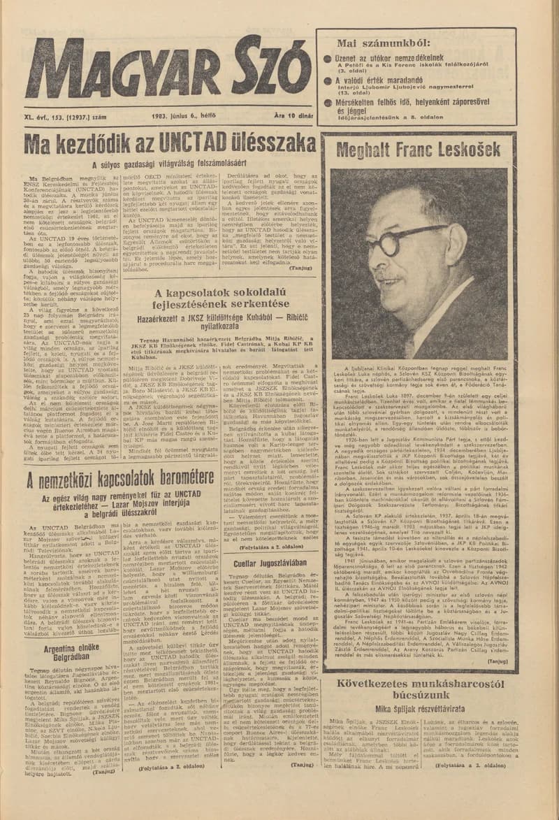 Magyar Szó, 40. évf. 1983. június 6. 153. sz. 1–16. oldal