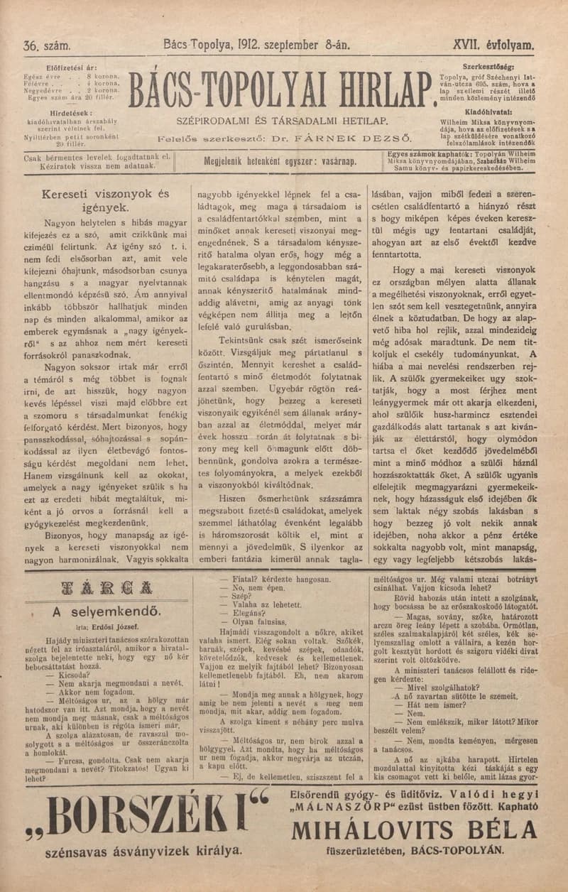 Bács-Topolyai Hirlap, 17. évf. 1912. szeptember 8. 36. sz.