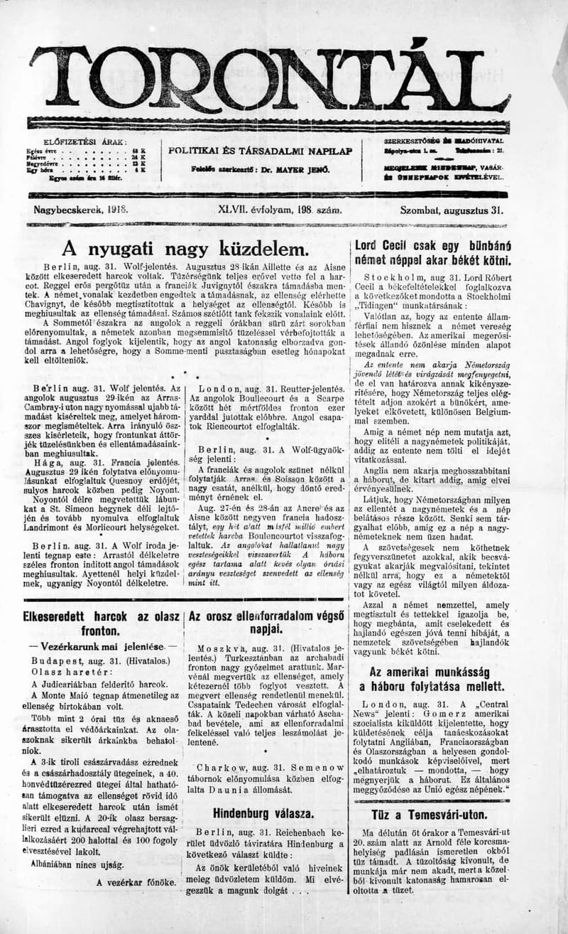 Torontál, 47. évf. 1918. augusztus 31. 198. sz.