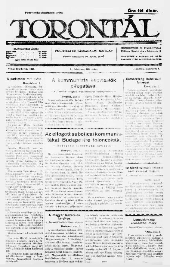 Torontál, 50. évf. 1921. augusztus 4. 168. sz.