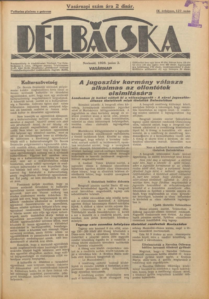 Délbácska, 9. évf. 1928. június 3. 127. sz.