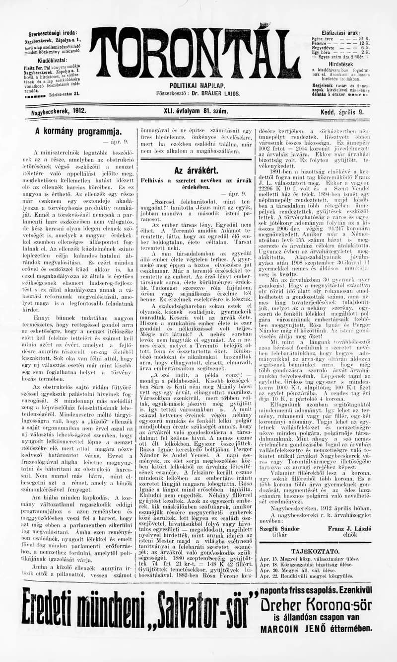 Torontál, 41. évf. 1912. április 9. 81. sz.