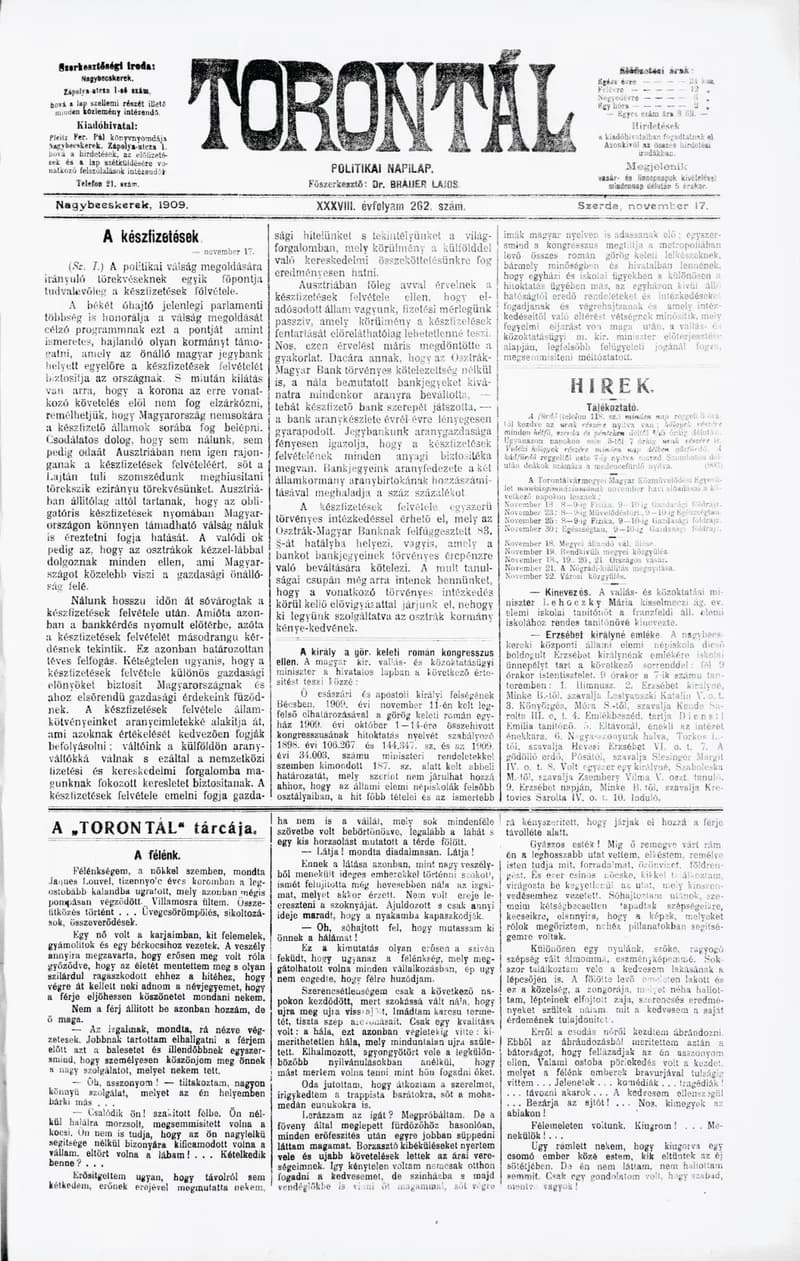 Torontál, 38. évf. 1909. november 17. 262. sz.