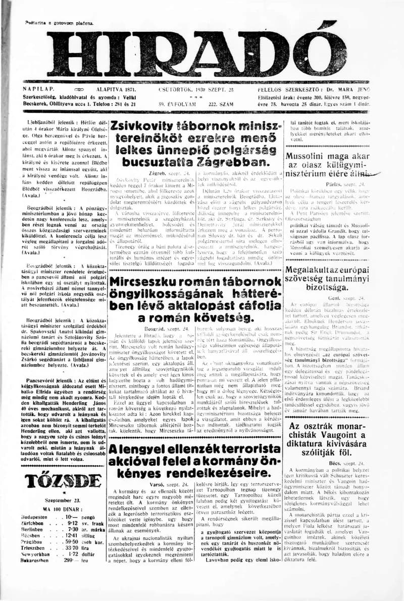 Híradó, 59. évf. 1930. szeptember 25. 222. sz.