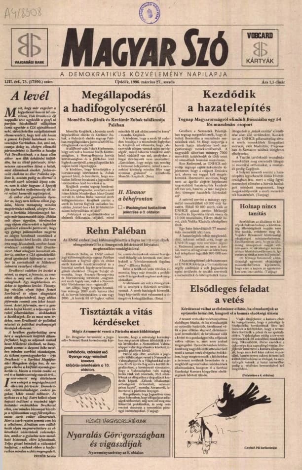 Magyar Szó, 53. évf. 1996. március 27. 73. sz. 1–16. oldal